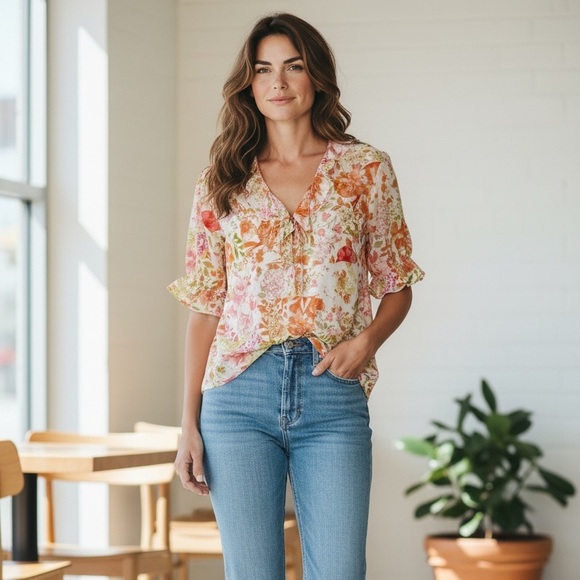 JOIE Tops - Joie Floral Sheer Blouse Medium | Ruffle Tie Neck Boho Lightweight Top
